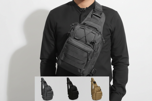 A man wearing a black tactical sling backpack crossbody bag, with three smaller color variant thumbnails shown at the bottom left against a white background.